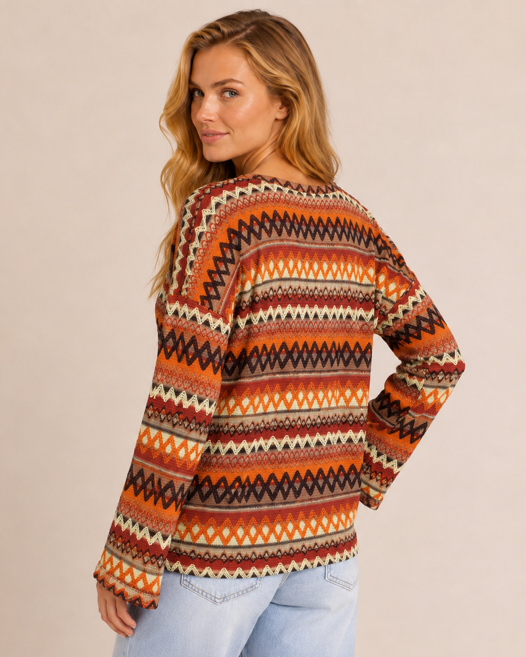 Color Contrast Knit Pullover Sweater in Orange