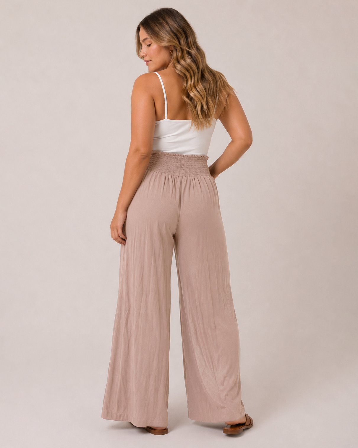 Smocked Waist Wide Leg Pant Mocha