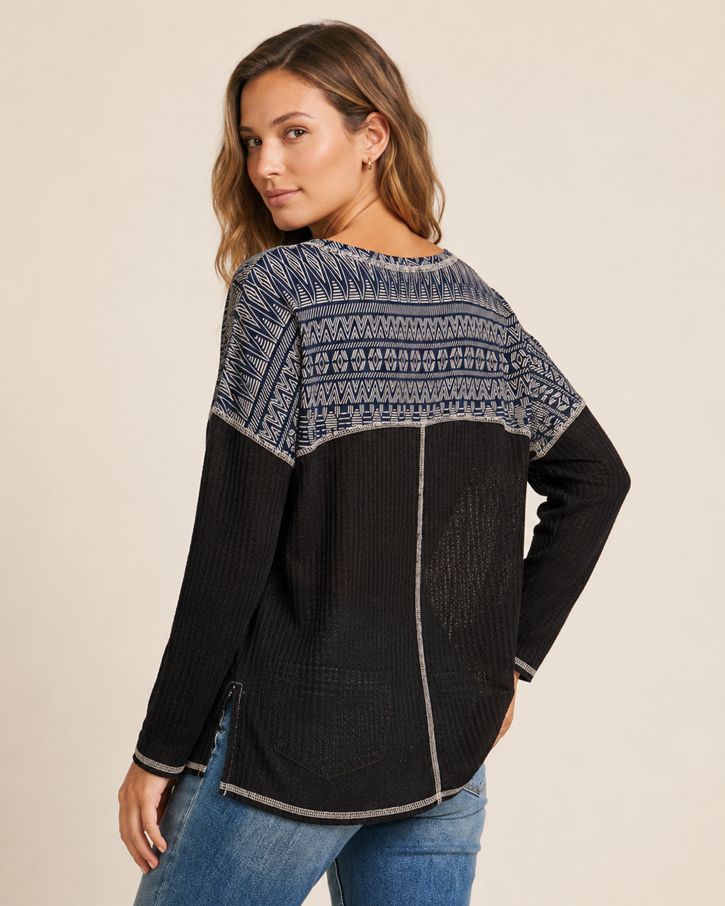 Weekend Comfort Long Sleeve Waffle Top in Black