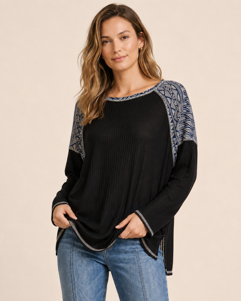 Weekend Comfort Long Sleeve Waffle Top in Black