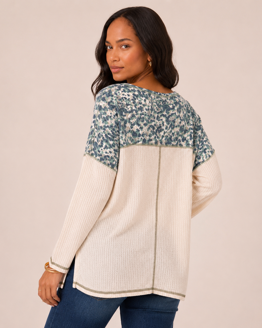 Weekend Comfort Long Sleeve Waffle Top in Oat