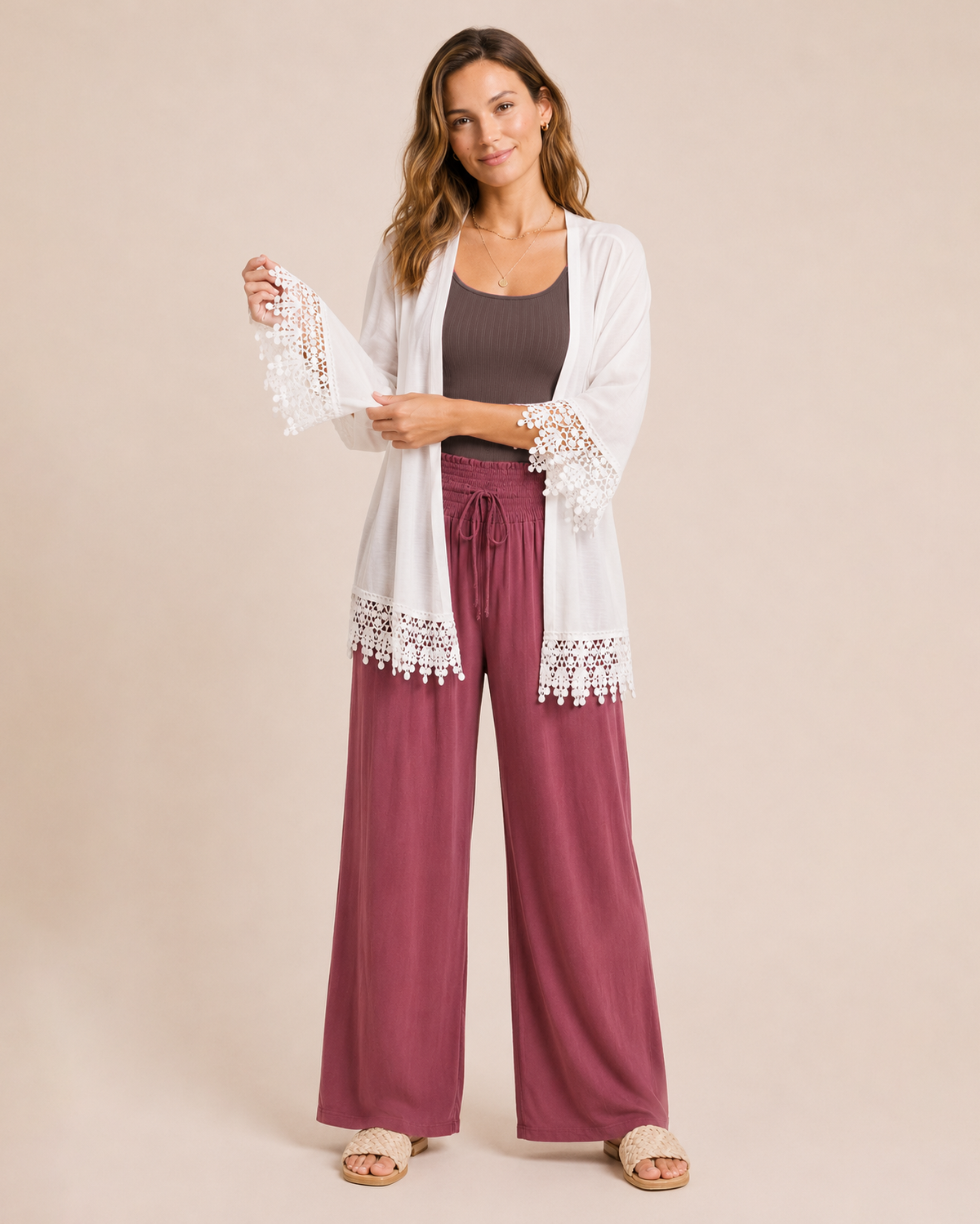 Delicate Detail Lace Trim Kimono in Ivory