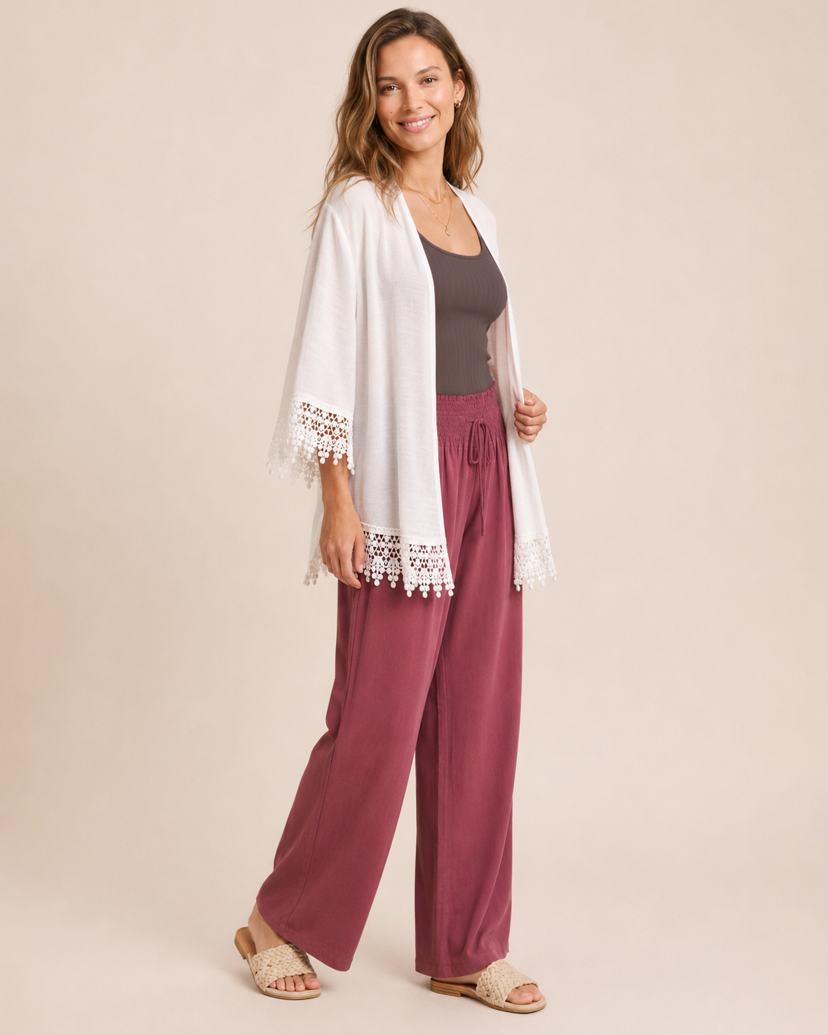 Delicate Detail Lace Trim Kimono in Ivory