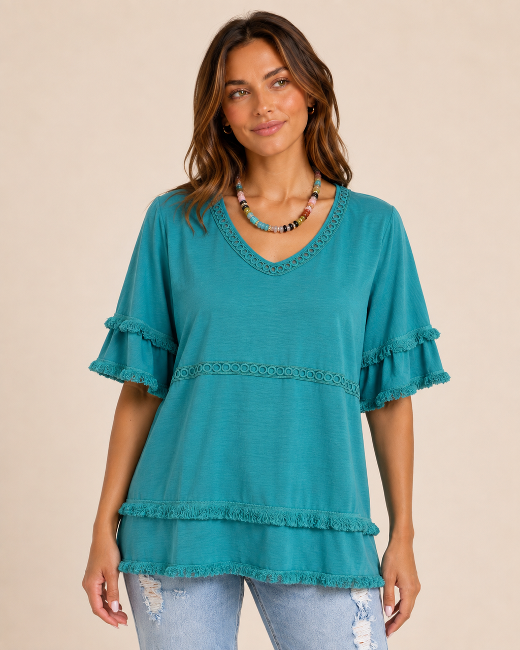 Free Spirit V-Neck Ruffle Sleeve Top in Peacock