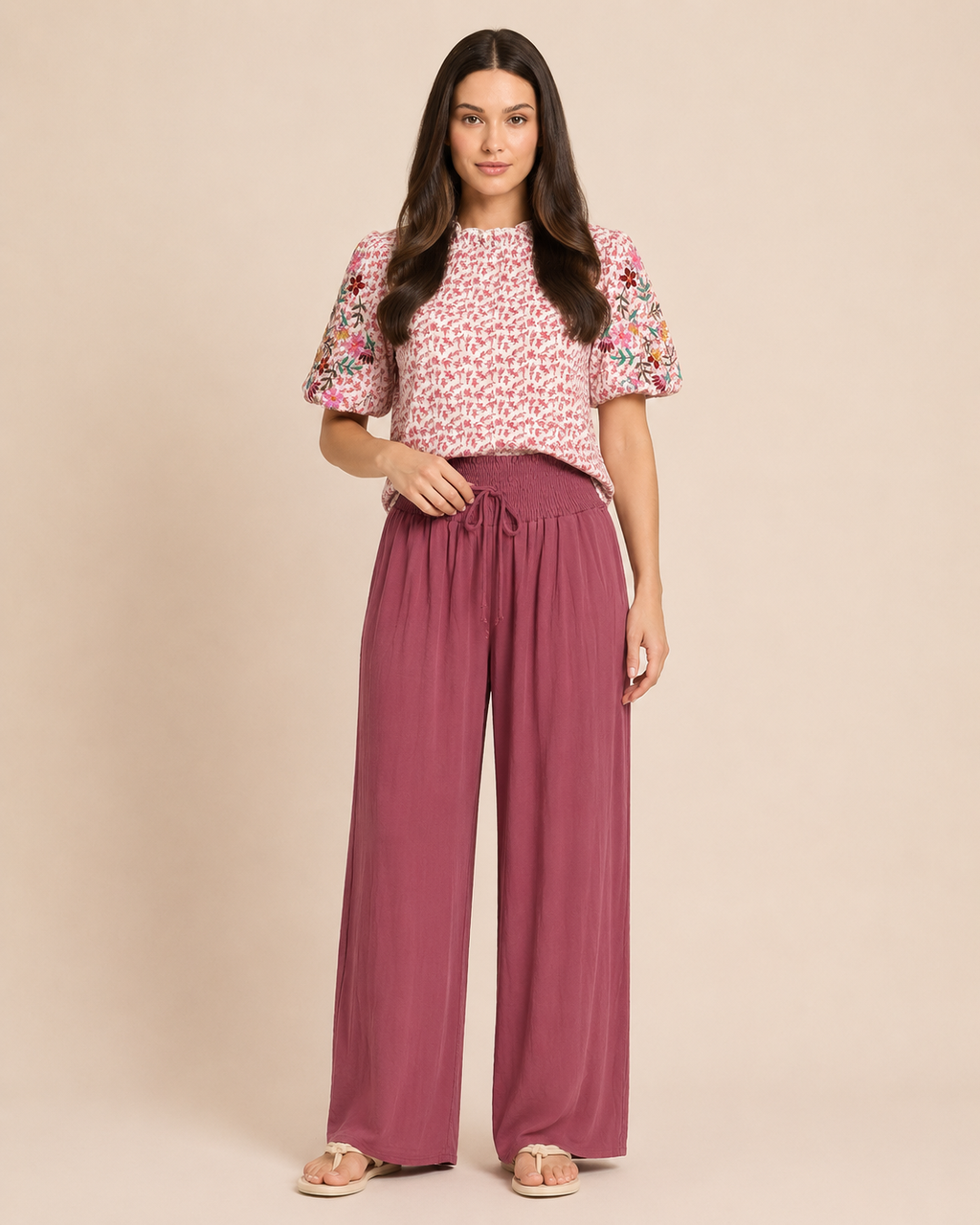 Smocked Waist Wide Leg Pant Rosewood